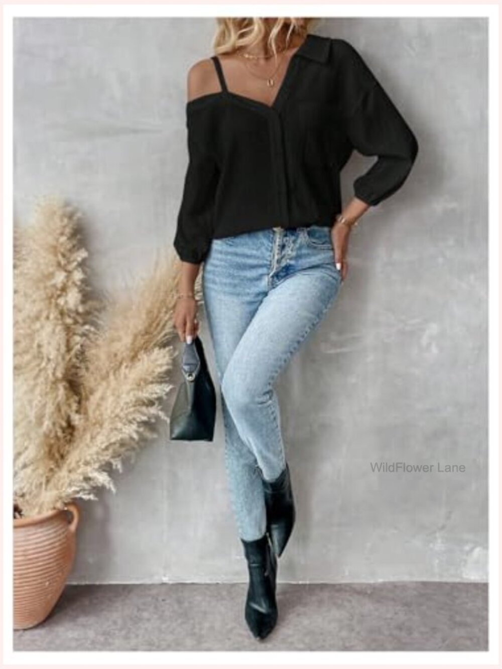 Off Shoulder Long Sleeve Button Down Linen Blouse Top - Picture 5 of 5